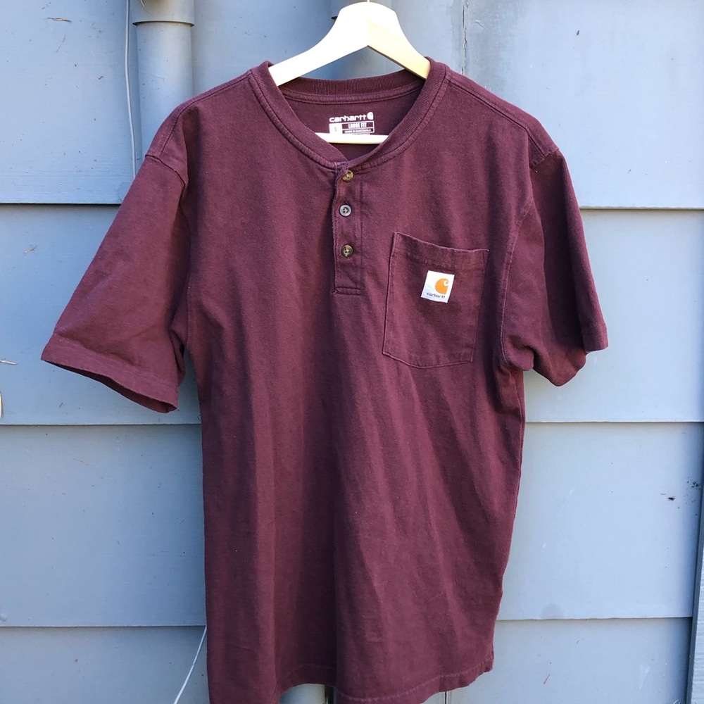 carhartt henley short sleeve shirt; men, maroon/small